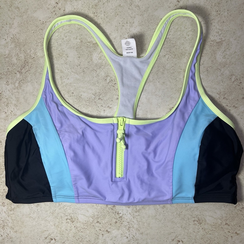 Sports Illustrated Bikini Top Large L Colorblock Neon Zip Front Swimwear Y2K‎